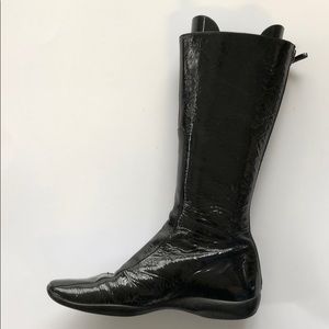 Prada black patent leather mid calf back zip boot